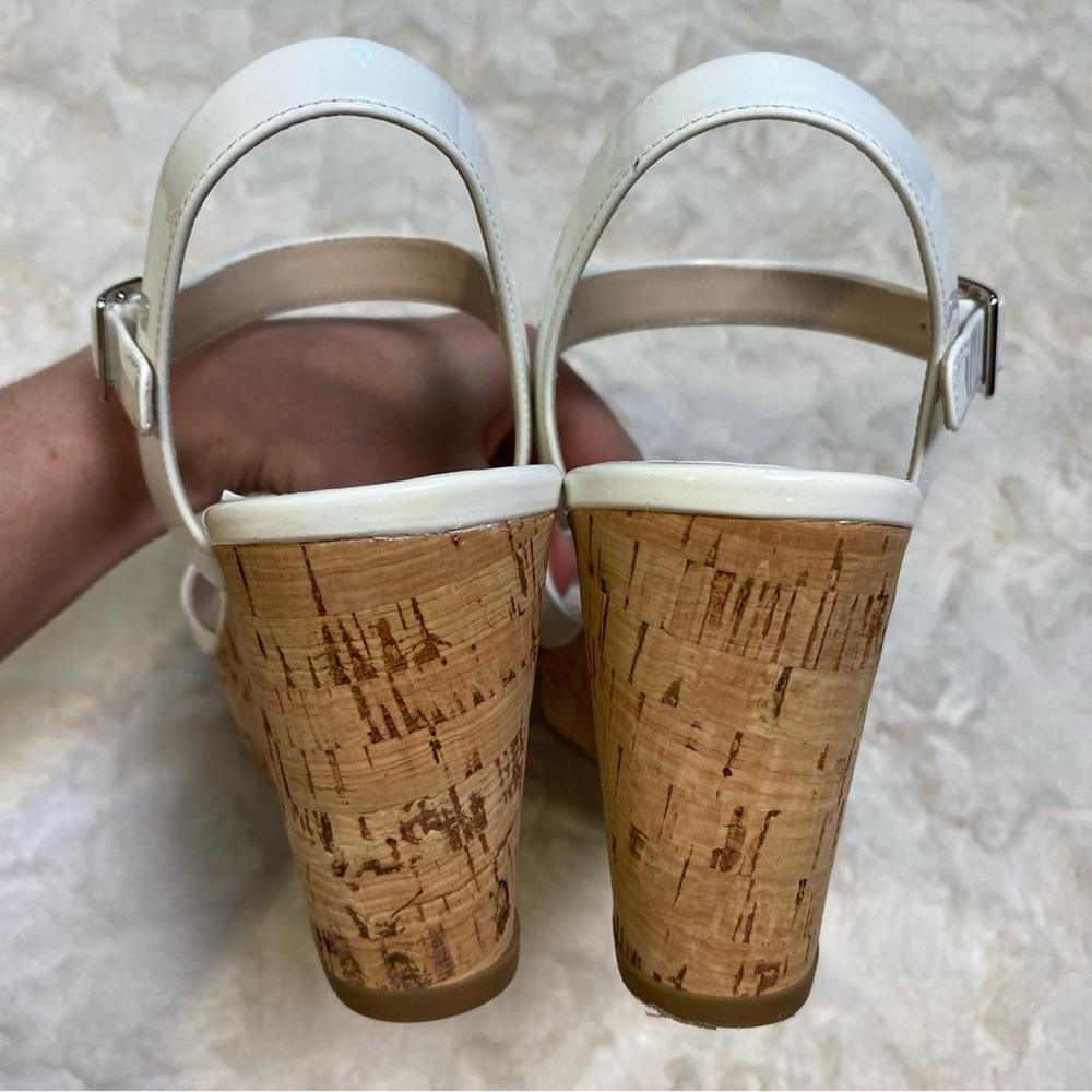 Prada White Patent Leather Criss Cross Ankle Strap Cork Wedge Sandals Size 39 - Picture 8 of 16
